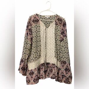 LA Threads Boho Patchwork Peasant Blouse 2X Tassel Tie Tunic Top
